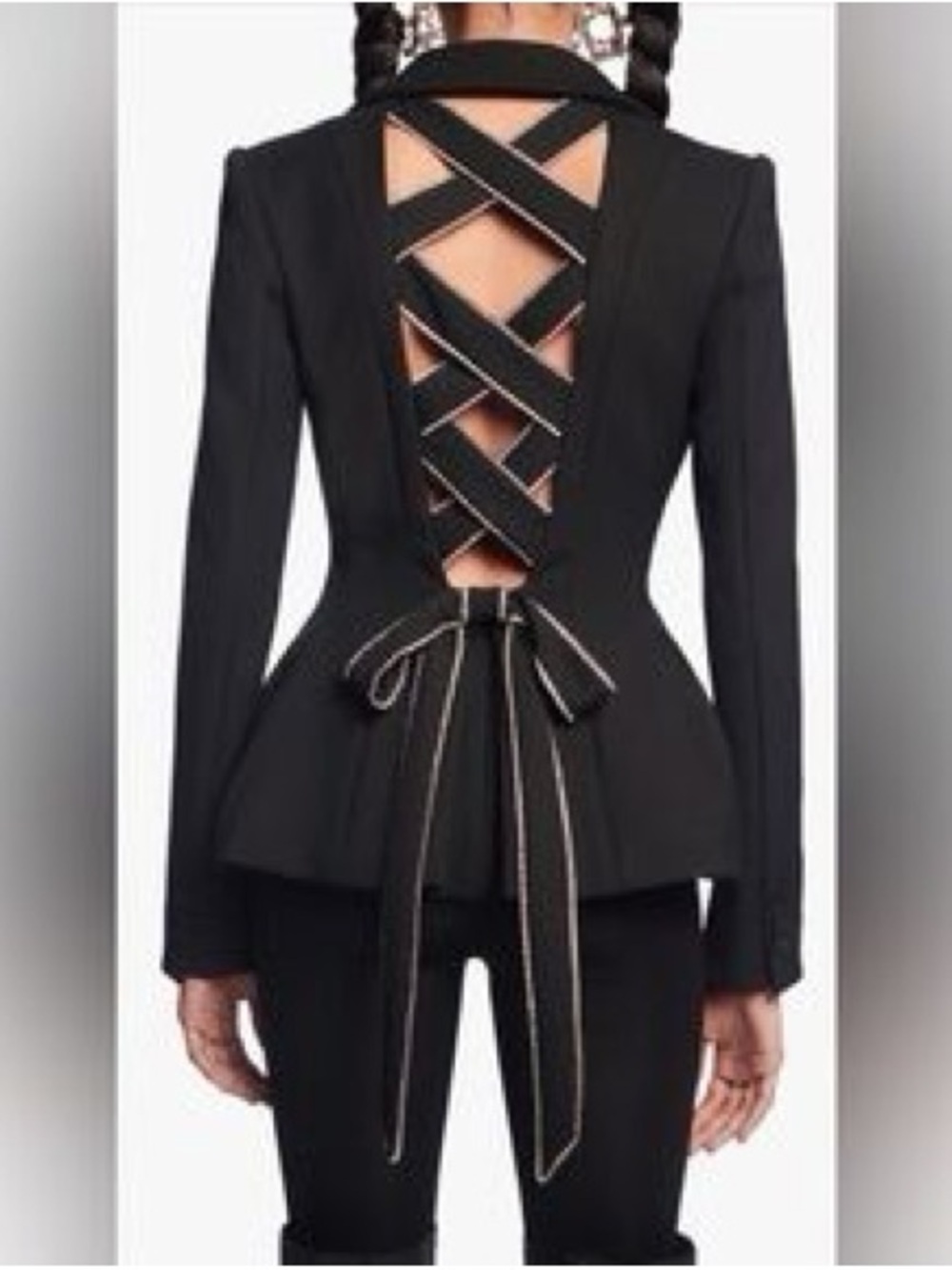 AREA XS $2700 bow Black Lace-Back Peplum Jacket - Women